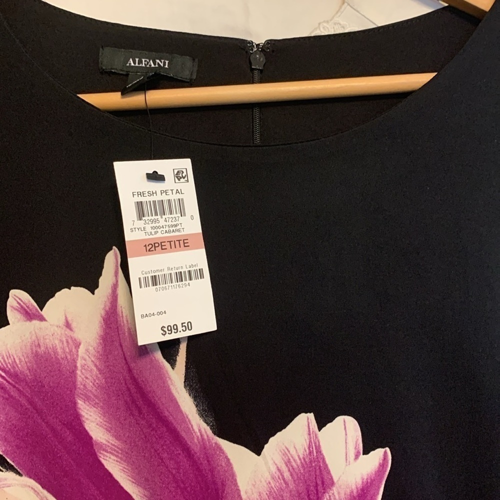 Alfani NWT Black Fresh Petal Tulip Cabaret Bell-Sleeve Ruffle Stretch Dress 12P - Picture 4 of 5